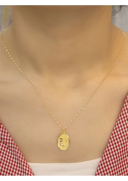 14 Ayar Altın Aynalı Oval U Harfli Kolye