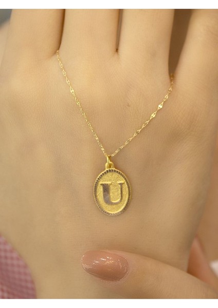 14 Ayar Altın Aynalı Oval U Harfli Kolye modelleri