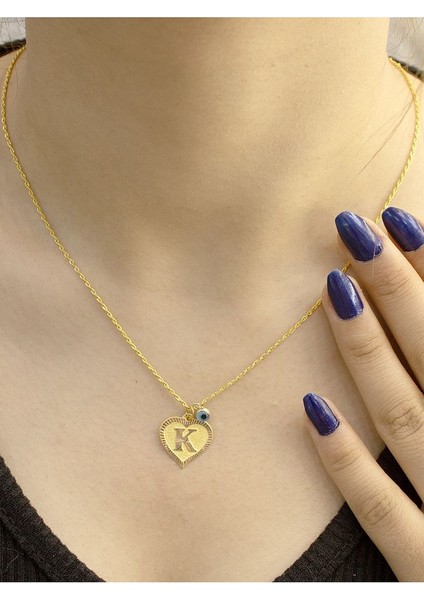 14 Ayar Altın Kalpli K Harfi Kolye