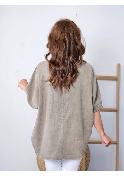 Kadın Büyük Beden Yuvarlak Yakalı Aplike Pullu Ayçiçeği Desenli 3/4 Kollu Oversize Bluz %100 Pamuk indirimleri