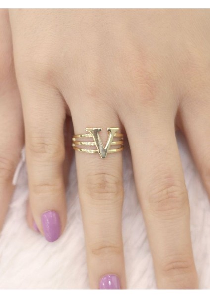 14 Ayar Altın Kaburga V Harfli Yüzük