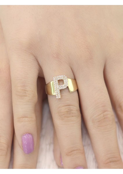14 Ayar Altın Büyük P Harfli Taşlı Yüzük