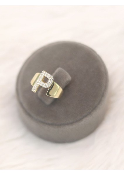 14 Ayar Altın Büyük P Harfli Taşlı Yüzük modelleri