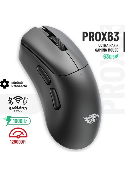 63B Bluetooth Kablosuz Kablolu Şarjlı 12800 Dpı Gaming Mouse Makrolu Ultra Hafif Oyuncu Mouse Siyah
