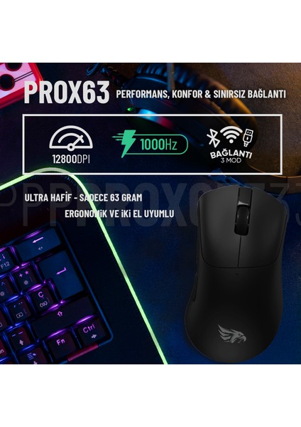 63B Bluetooth Kablosuz Kablolu Şarjlı 12800 Dpı Gaming Mouse Makrolu Ultra Hafif Oyuncu Mouse Siyah modelleri