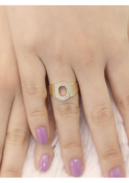 14 Ayar Altın Büyük O Harfi Taşlı Yüzük