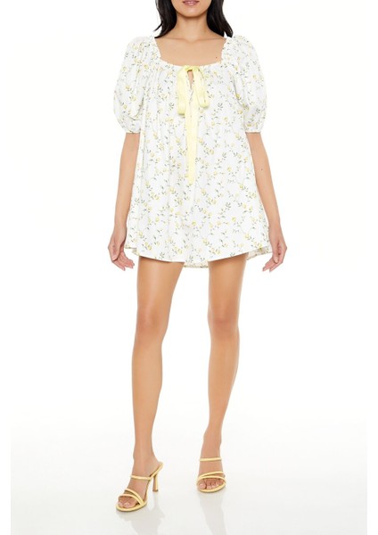 Çiçek Desenli Balon Kol Mini Elbise