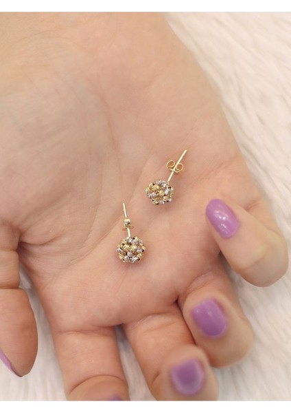 14 Ayar Altın Çift Renk Dorikalı Top Küpe modelleri