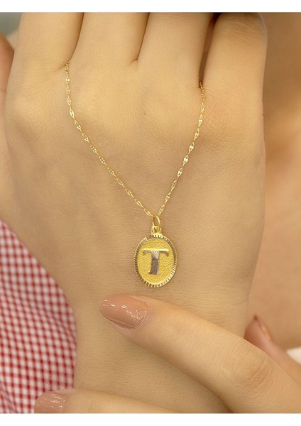 14 Ayar Altın Aynalı Oval T Harfli Kolye modelleri