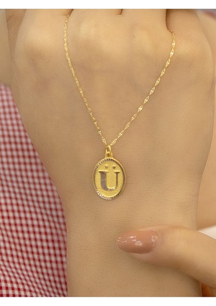 14 Ayar Altın Aynalı Oval Ü Harfli Kolye fırsatları