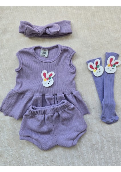 Lila Ribana Kız Çocuk Şort Bluz Bandana Tavşan Keçeli Lila Çorap Set