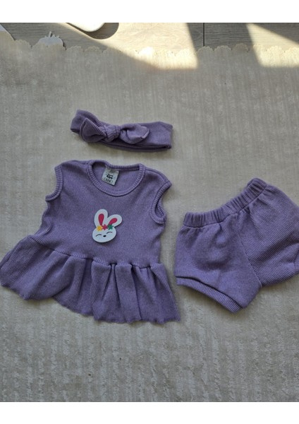 Lila Ribana Kız Çocuk Şort Bluz Bandana Tavşan Keçeli Lila Çorap Set modelleri