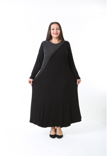 Kadın Likralı Viskon Kumaş Siyah Renk Desenli Büyük Beden Elbise