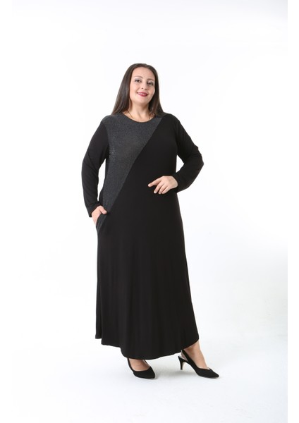 Kadın Likralı Viskon Kumaş Siyah Renk Desenli Büyük Beden Elbise indirimleri