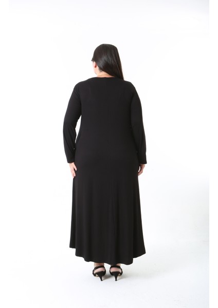 Kadın Likralı Viskon Kumaş Siyah Renk Desenli Büyük Beden Elbise