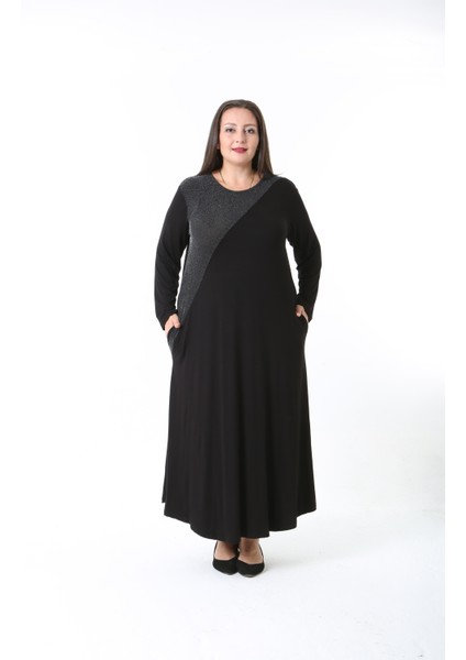 Kadın Likralı Viskon Kumaş Siyah Renk Desenli Büyük Beden Elbise