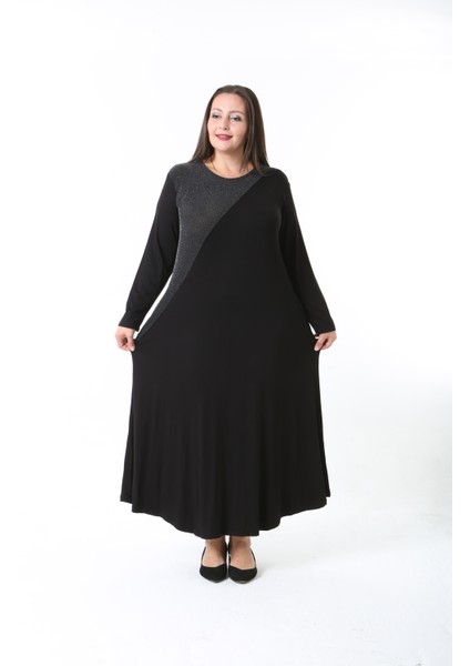 Kadın Likralı Viskon Kumaş Siyah Renk Desenli Büyük Beden Elbise