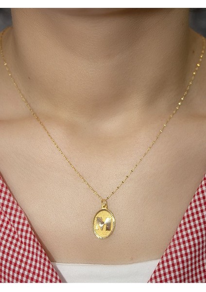 14 Ayar Altın Aynalı Oval M Harfli Kolye