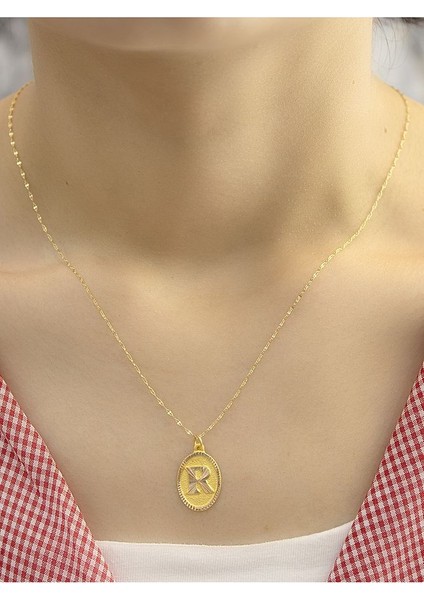 14 Ayar Altın Aynalı Oval R Harfli Kolye