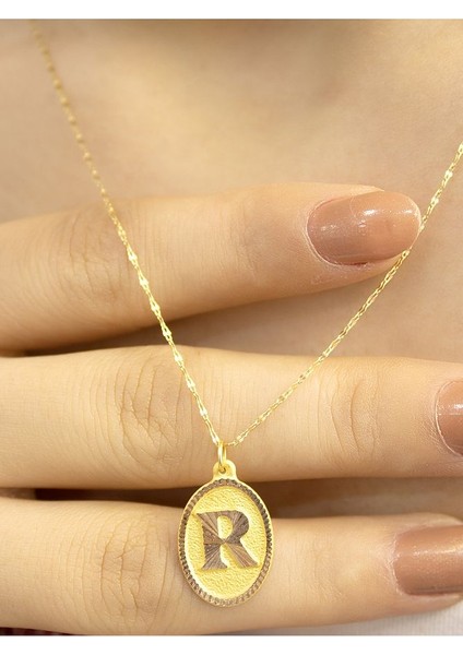14 Ayar Altın Aynalı Oval R Harfli Kolye modelleri