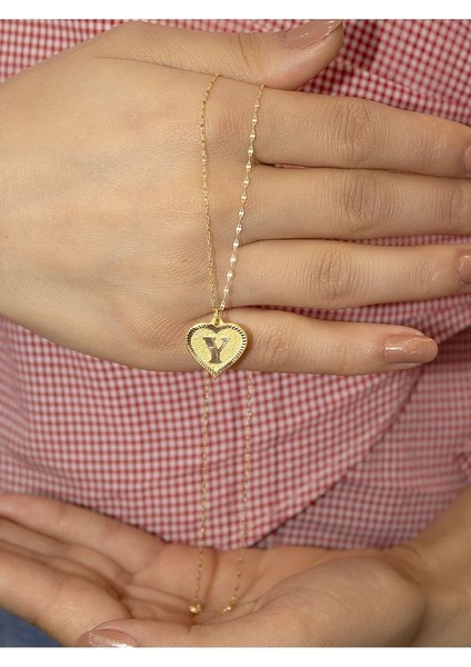 14 Ayar Altın Kalpli Y Harfli Kolye