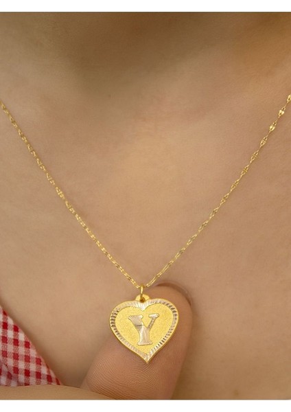 14 Ayar Altın Kalpli Y Harfli Kolye modelleri