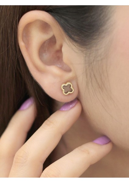 14 Ayar Altın Kahverengi Yonca Küpe