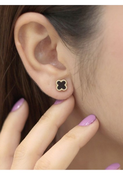 14 Ayar Altın Siyah Yonca Küpe