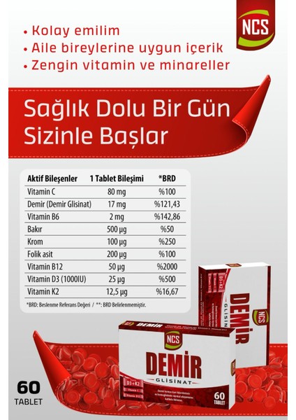 Demir Glisinat Vitamin D3 K2 Folik Asit Complex 60 Tablet Bisglisinat