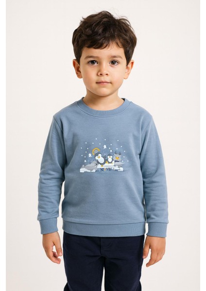 Erkek Çocuk Penguen Baskılı Mavi Kışlık Sweatshirt 0-5 Yaş