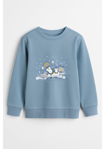 Erkek Çocuk Penguen Baskılı Mavi Kışlık Sweatshirt 0-5 Yaş fiyatları