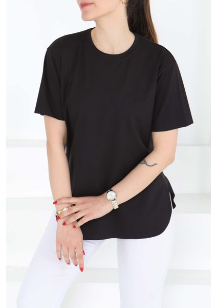 Yırtmaçlı Siyah Kısa Kollu Kadın T-Shirt -27117