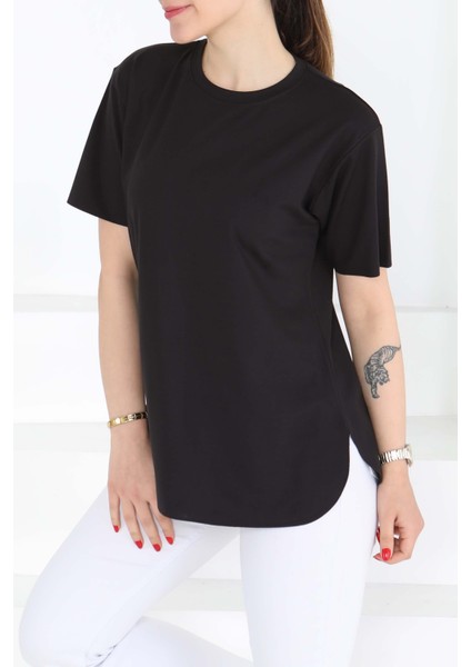 Yırtmaçlı Siyah Kısa Kollu Kadın T-Shirt -27117 fiyatları