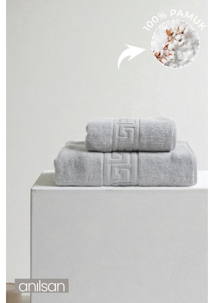 2'li Gri Greek Havlu Seti %100 Pamuk- 1 Adet El Havlusu 50x90 ve 1 Adet Banyo Havlusu 70x140