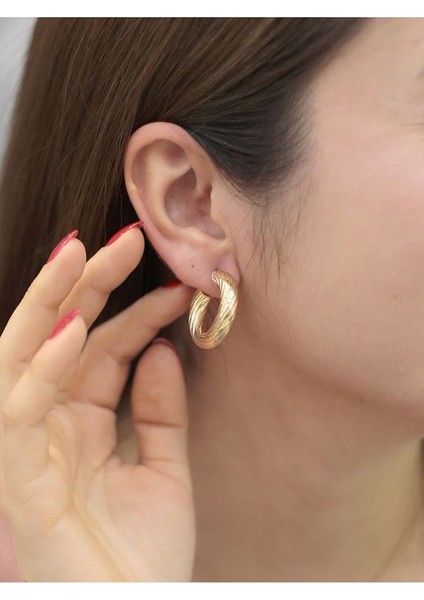 14 Ayar Altın Bombeli Parıltı Kalın Halka Küpe