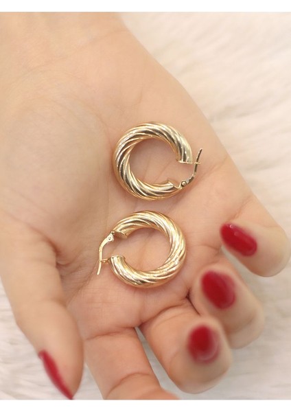 14 Ayar Altın Bombeli Parıltı Kalın Halka Küpe fırsatları