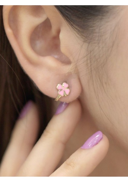 14 Ayar Altın Pembe Yonca Çocuk Küpesi