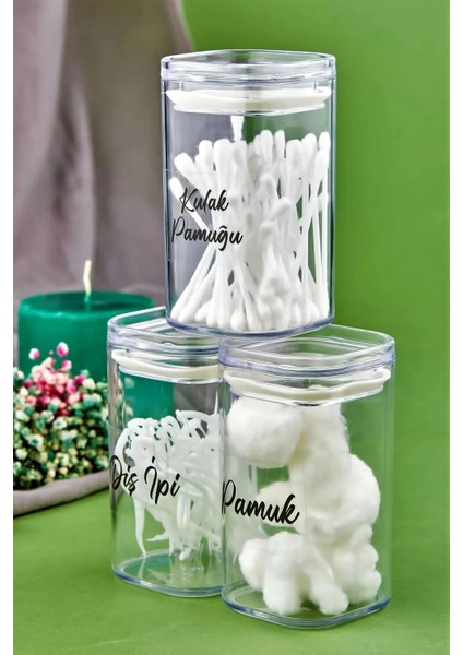 3'lü Akrilik Pamuk & Diş Ipi & Kulak Pamuğu Organizeri 250 ml Saklama Kabı