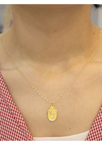 14 Ayar Altın Aynalı Oval Y Harfli Kolye