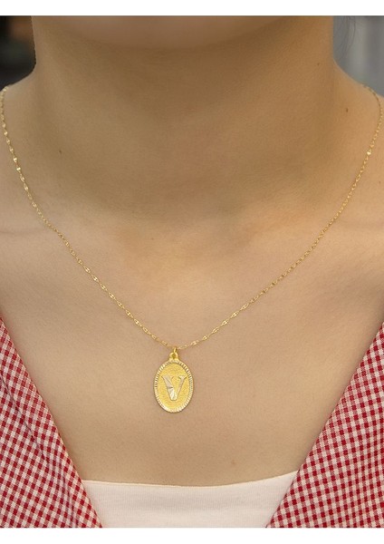 14 Ayar Altın Aynalı Oval V Harfli Kolye