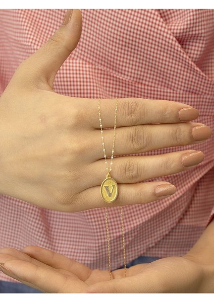 14 Ayar Altın Aynalı Oval V Harfli Kolye indirimleri