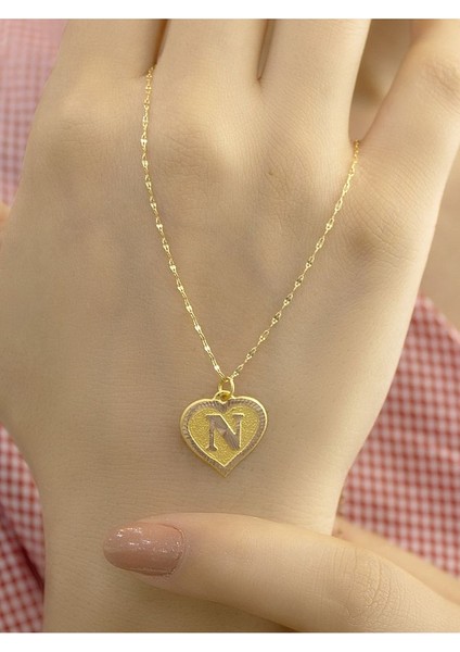 14 Ayar Altın Kalpli N Harfli Kolye