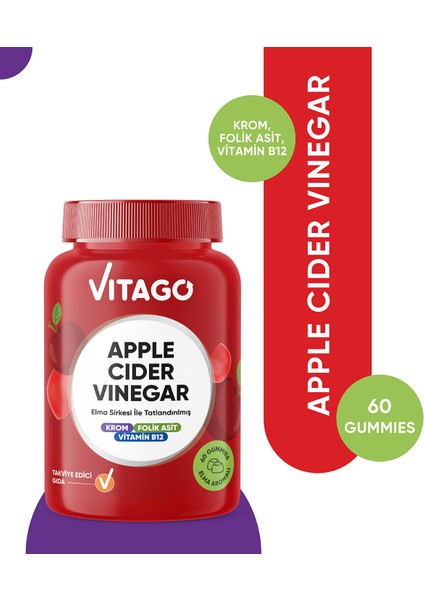 Apple Cider Vinegar Elma Sirkesi Ile Tatlandırılmış Krom, B12 Vitamini ve Folik Asit Içeren 60 Adet Çiğnenebilir (Gummies) Form Takviye Edici Gıda