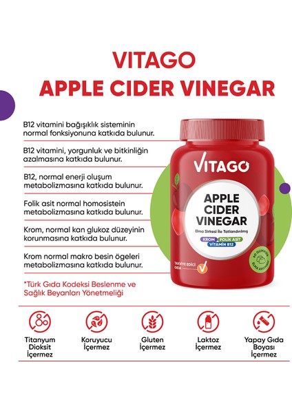 Apple Cider Vinegar Elma Sirkesi Ile Tatlandırılmış Krom, B12 Vitamini ve Folik Asit Içeren 60 Adet Çiğnenebilir (Gummies) Form Takviye Edici Gıda fiyatları
