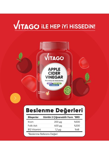 Apple Cider Vinegar Elma Sirkesi Ile Tatlandırılmış Krom, B12 Vitamini ve Folik Asit Içeren 60 Adet Çiğnenebilir (Gummies) Form Takviye Edici Gıda modelleri