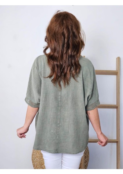 Kadın Büyük Beden Yuvarlak Yakalı Aplike Pullu Ayçiçeği Desenli 3/4 Kollu Oversize Bluz %100 Pamuk indirimleri
