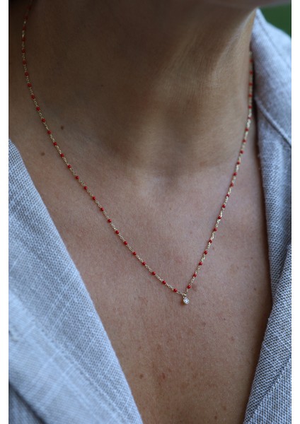 14 Ayar Altın Kırmızı Boncuklu ve Tek Taş Detaylı Kolye modelleri