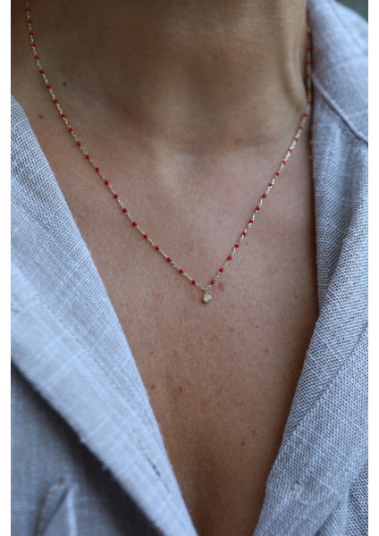 14 Ayar Altın Kırmızı Boncuklu ve Tek Taş Detaylı Kolye fırsatları