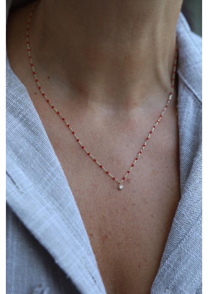 14 Ayar Altın Kırmızı Boncuklu ve Tek Taş Detaylı Kolye indirimleri