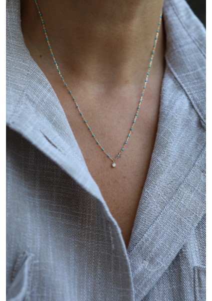 14 Ayar Altın Turkuaz Taşlı ve Tek Taş Detaylı Kolye